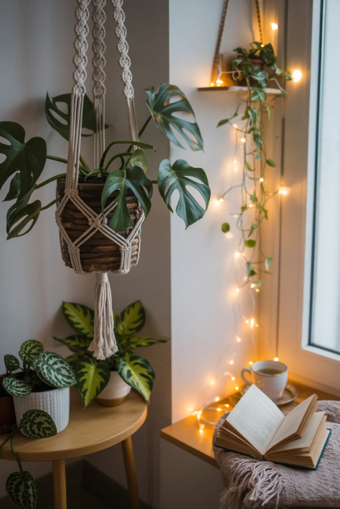 Décoration végétale stratifiée avec plantes retombantes et éclairage doux