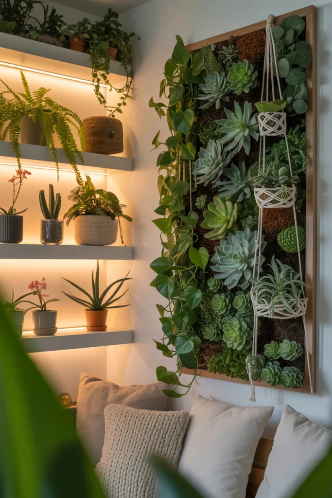 Décoration végétale murale avec tableau de succulentes et plantes grimpantes