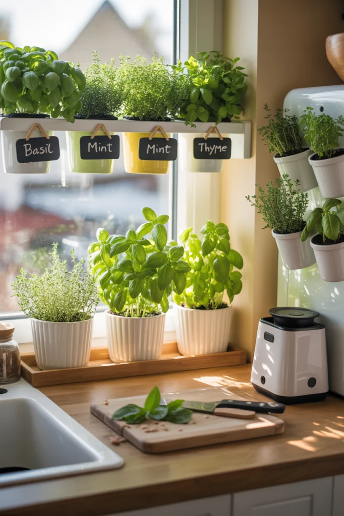Décoration végétale avec herbes aromatiques en cuisine cosy
