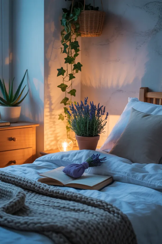 Décoration végétale apaisante pour chambre à coucher avec lavande et aloe vera