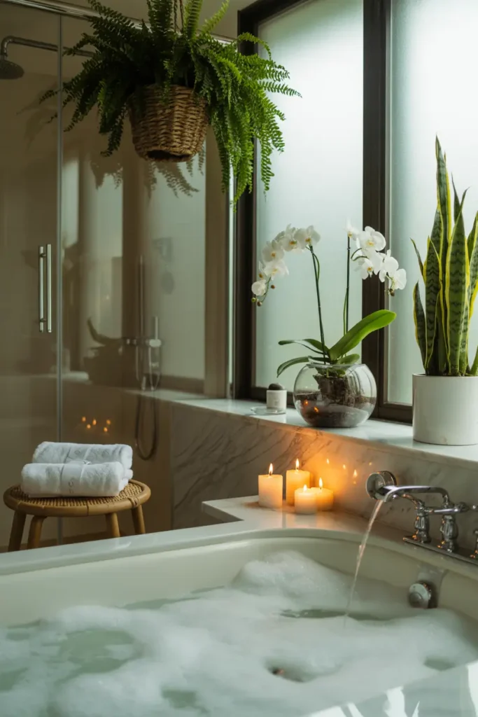 Décoration végétale pour salle de bain spa avec fougères et orchidées