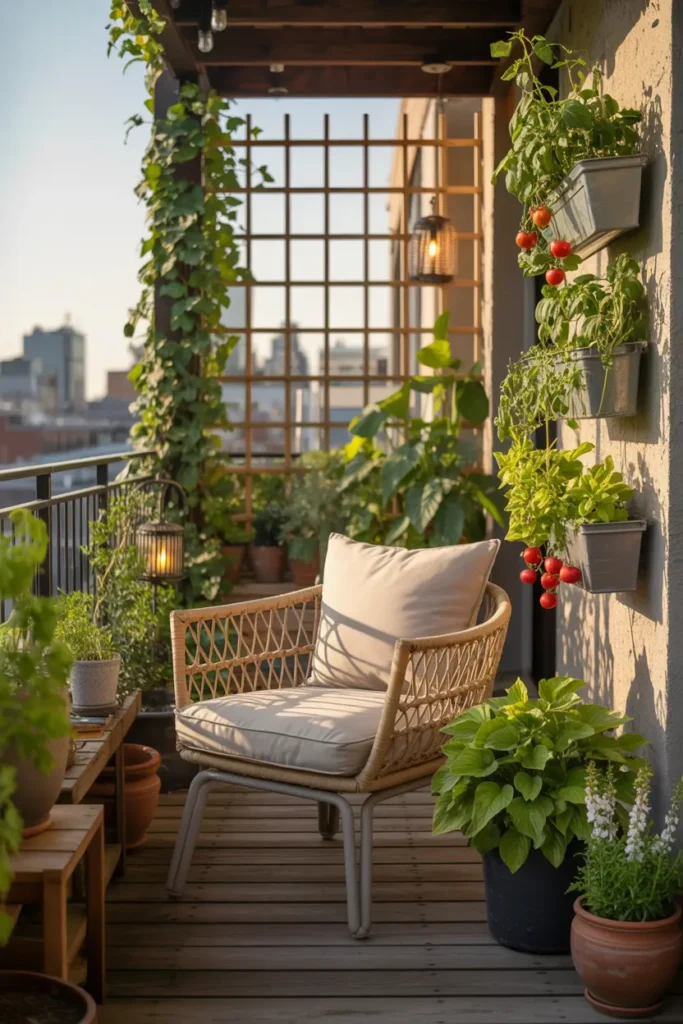 Décoration végétale pour balcon avec plantes grimpantes et potager urbain