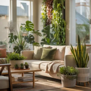Décoration végétale dans un salon cosy avec plantes d'intérieur, canapé beige et étagères vertes