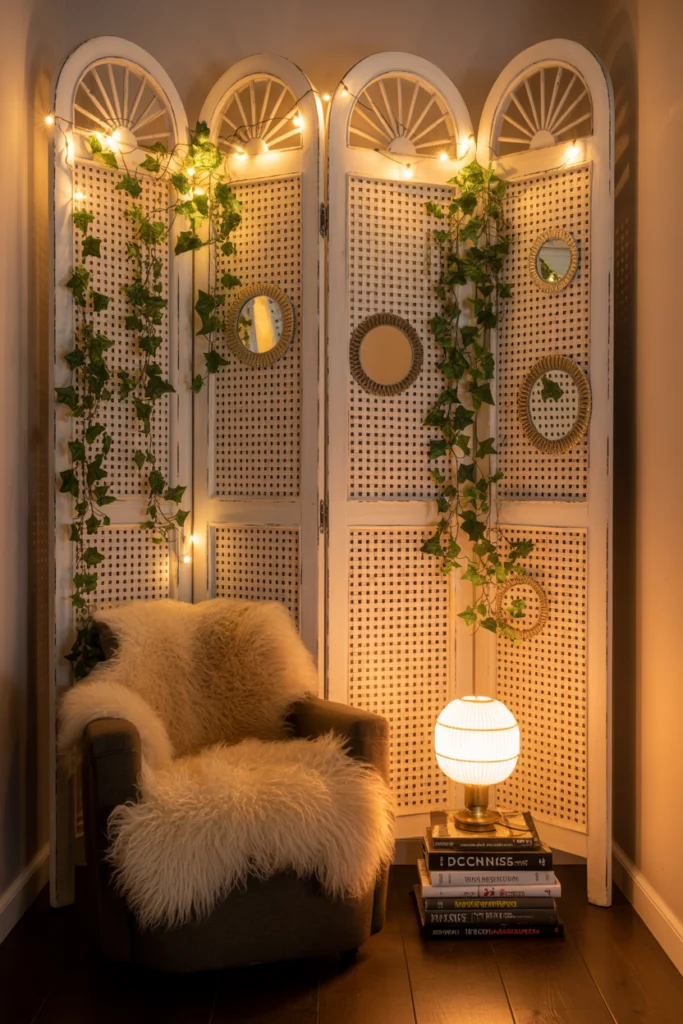 Paravent décoré avec plantes et guirlandes dans un coin cosy