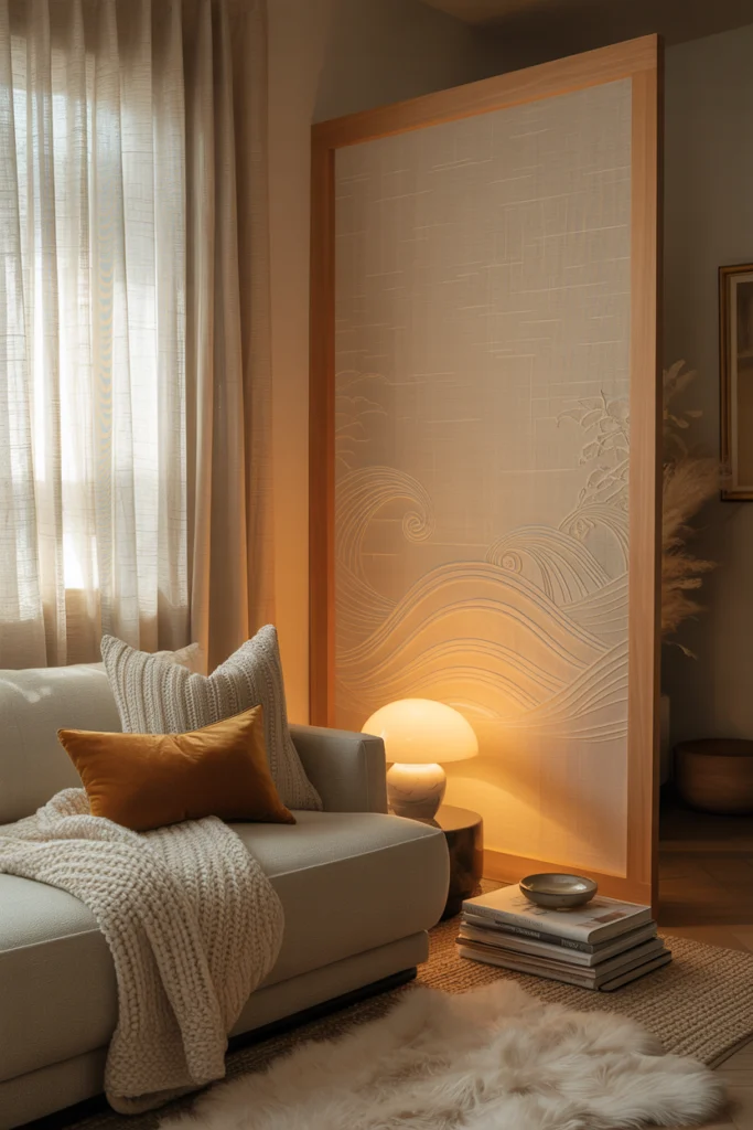 Paravent en lin beige créant une ambiance cosy près d'un canapé moelleux
