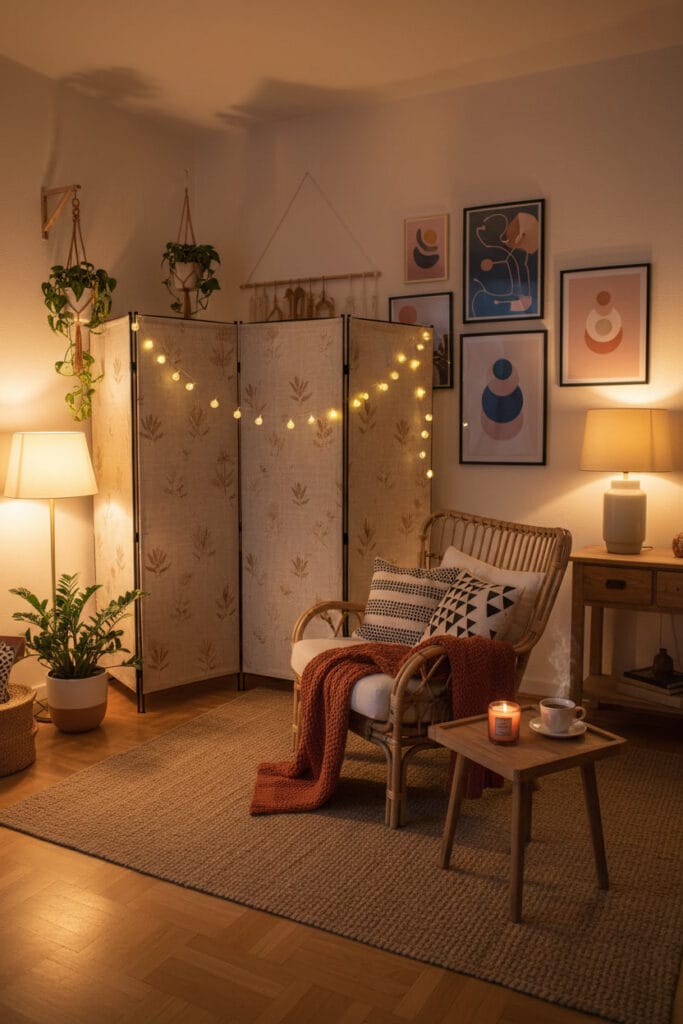 Paravent intérieur utilisé pour créer un coin détente chaleureux et intime.