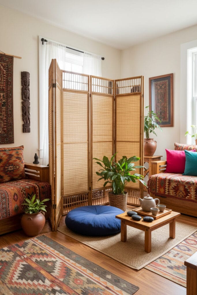 Paravent en bois naturel apportant chaleur et authenticité à un intérieur élégant.