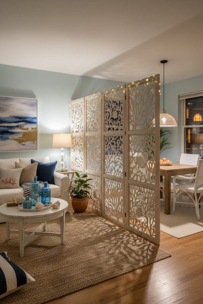 Paravent bois décoratif utilisé pour créer une séparation naturelle et élégante.