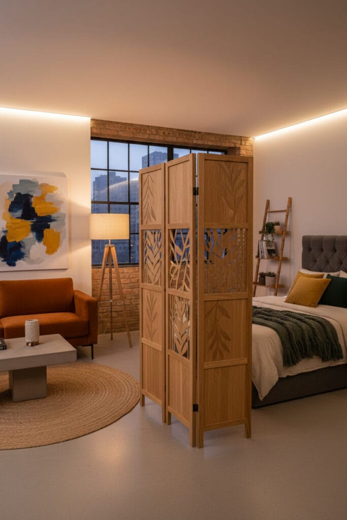 Paravent intérieur en bois massif créant une ambiance chaleureuse et harmonieuse.