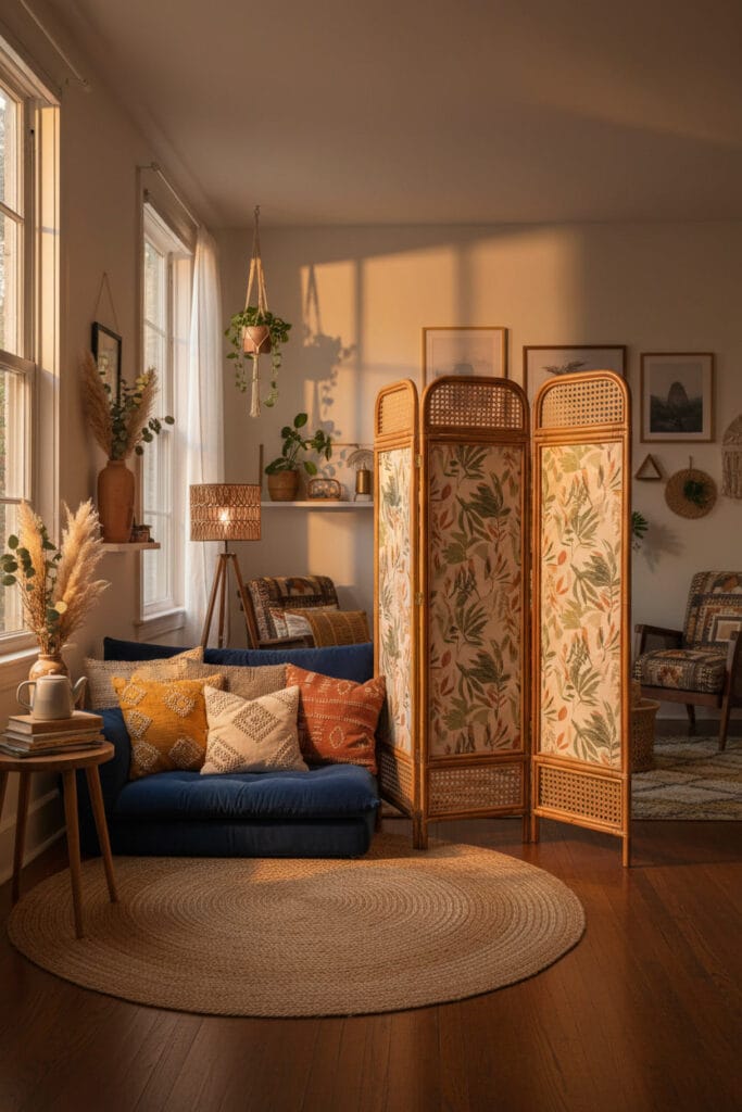 Paravent décoratif en rotin naturel utilisé pour séparer un espace tout en conservant luminosité et fluidité.