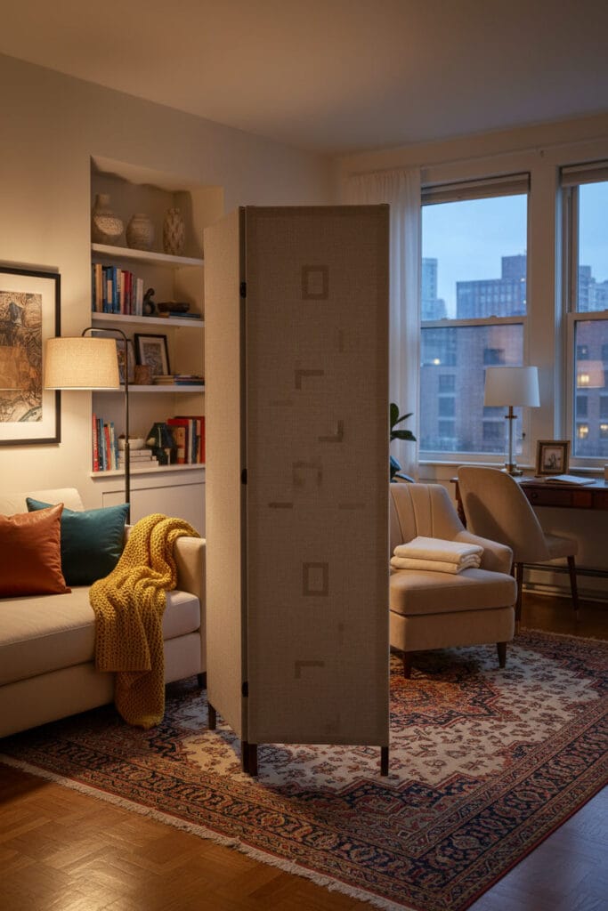 Paravent intérieur en tissu naturel créant une ambiance douce et modulable.