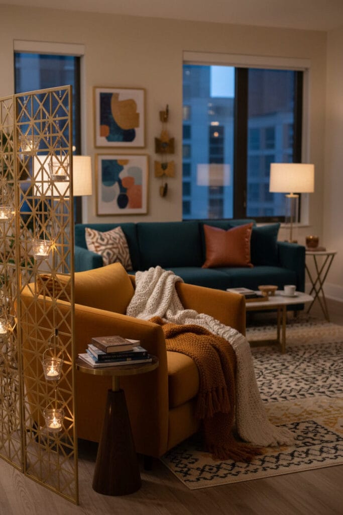 Paravent décoratif utilisé pour organiser un salon avec élégance.