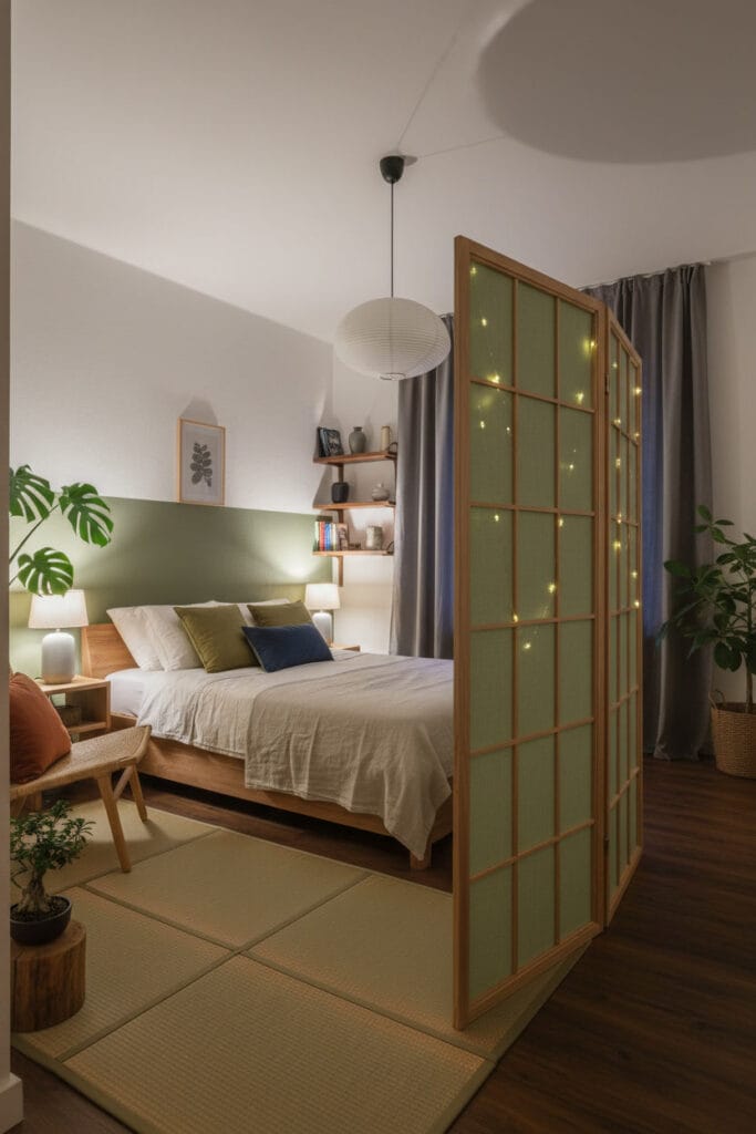 Paravent design utilisé dans une chambre pour créer un espace plus intime et équilibré
