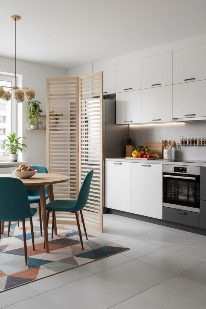 Paravent installé dans une cuisine pour organiser l’espace et créer une séparation visuelle élégante