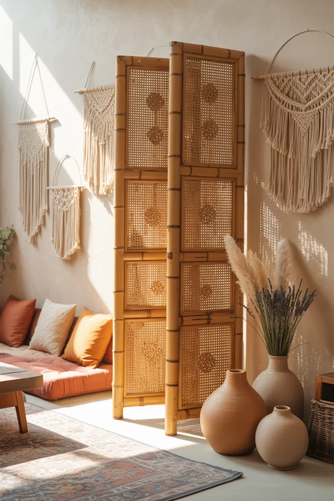 Paravent en bambou dans un intérieur bohème chaleureux