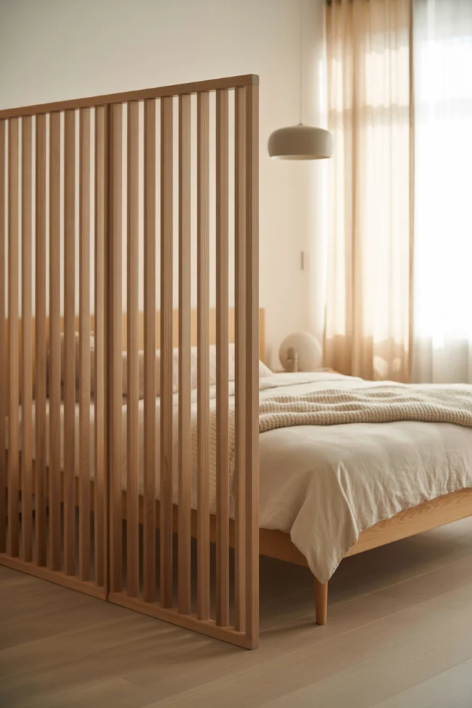 Paravent en chêne clair dans une chambre scandinave épurée