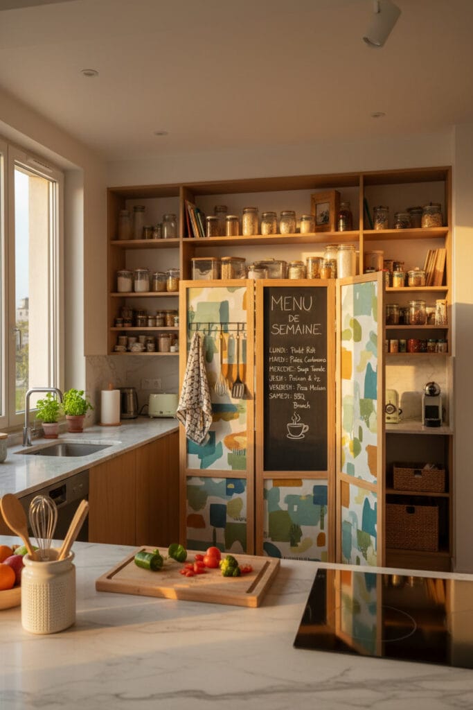 Paravent décoratif utilisé dans une cuisine pour dissimuler certaines zones et organiser l’espace.