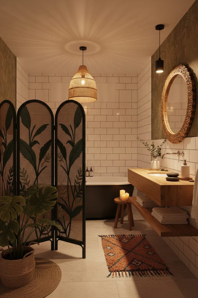 Paravent en matière résistante à l’humidité installé dans une salle de bain lumineuse pour préserver l’intimité.