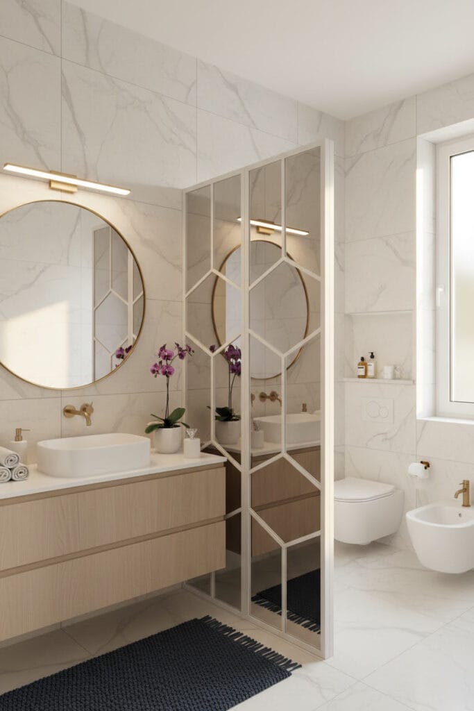 Paravent décoratif placé dans une salle de bain pour structurer l’espace avec douceur.