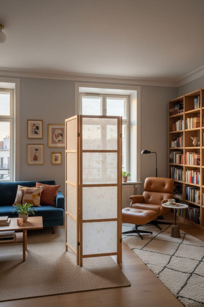 Paravent léger et ajouré installé dans un petit espace lumineux.