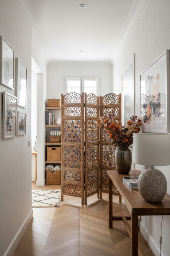 Paravent positionné de manière stratégique pour structurer la circulation intérieure.