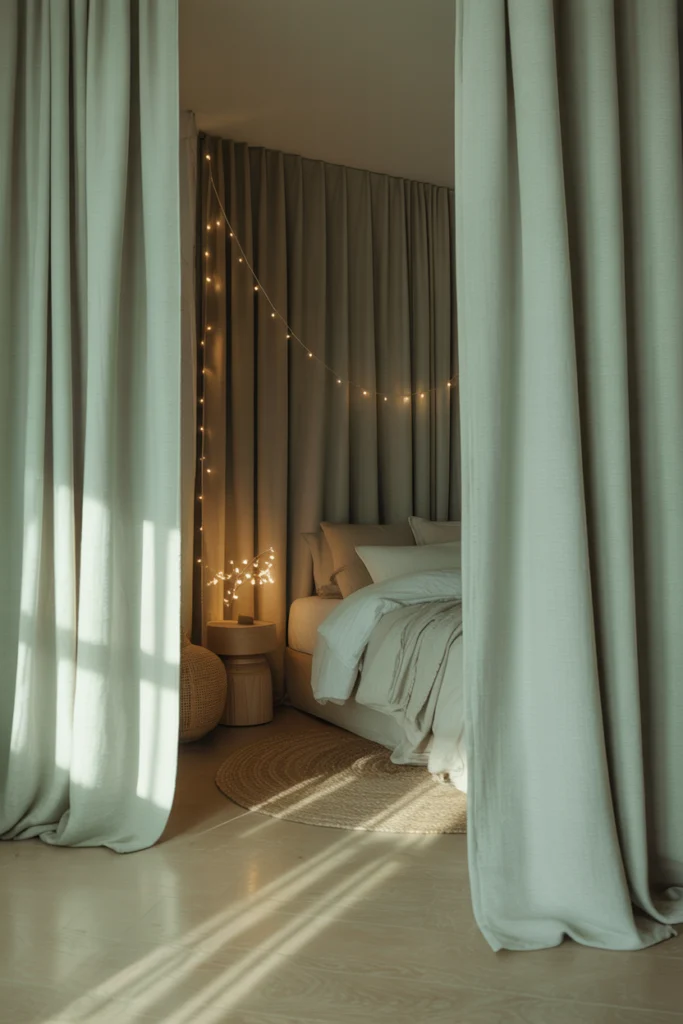 Paravent occultant en lin vert sauge dans une chambre zen
