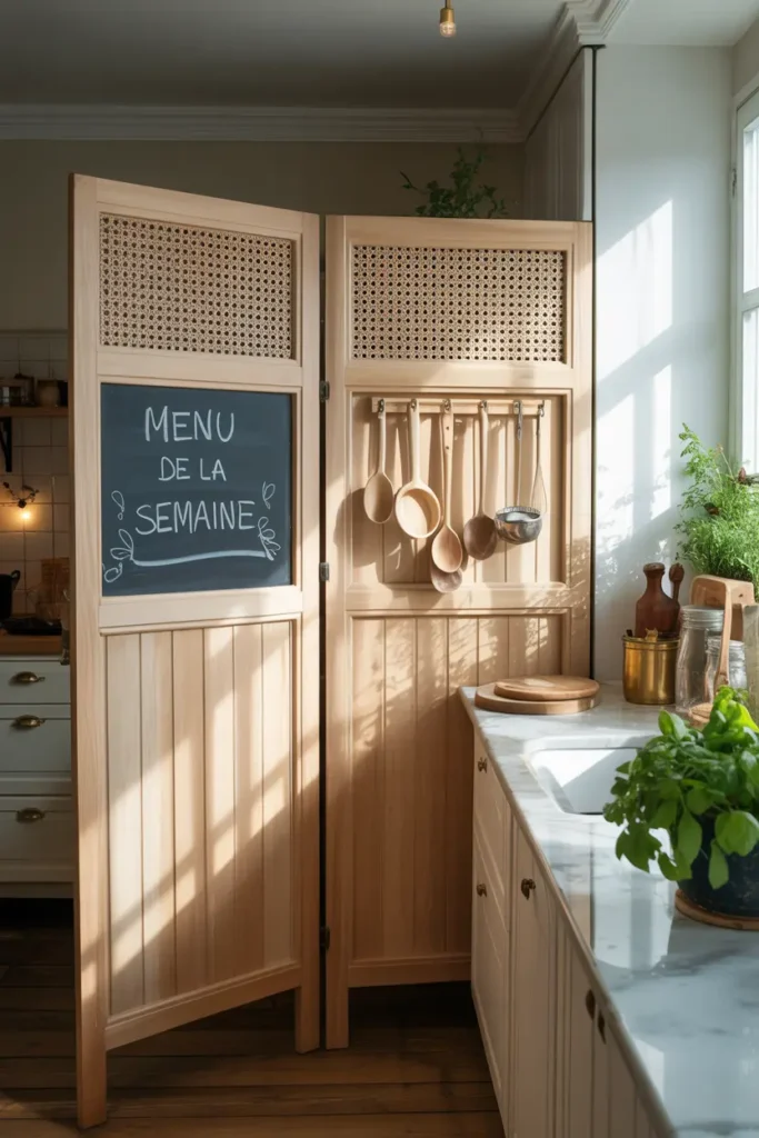 Paravent pratique en bois avec tableau menu dans une cuisine
