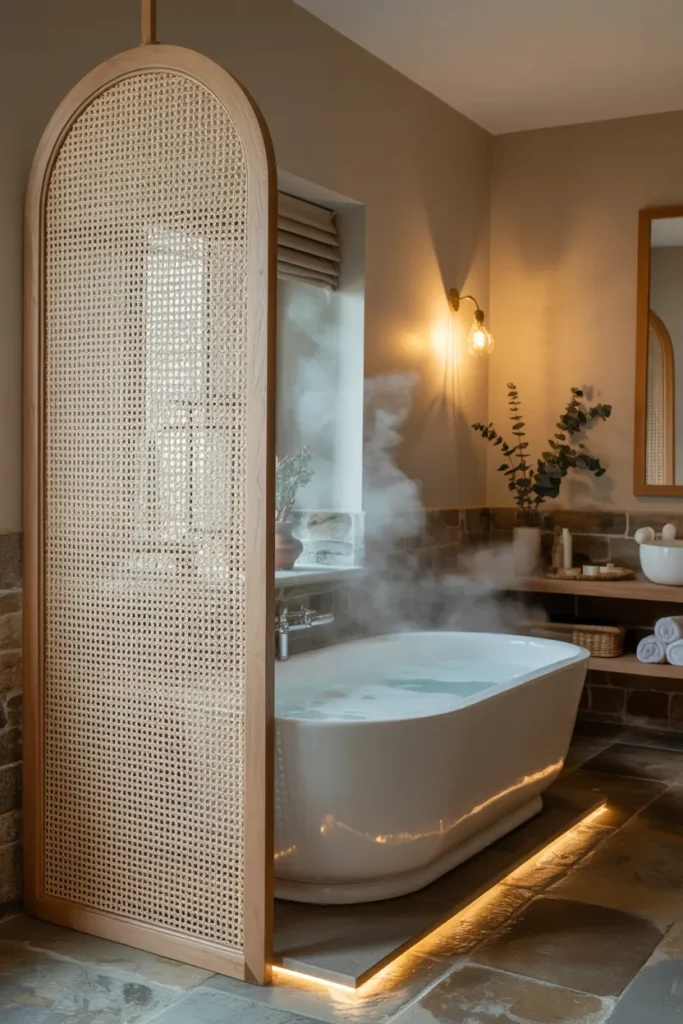 Paravent en rotin pour une salle de bain spa apaisante