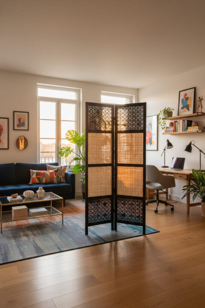 Paravent utilisé pour séparer un espace intérieur tout en conservant la luminosité et la fluidité de la pièce.