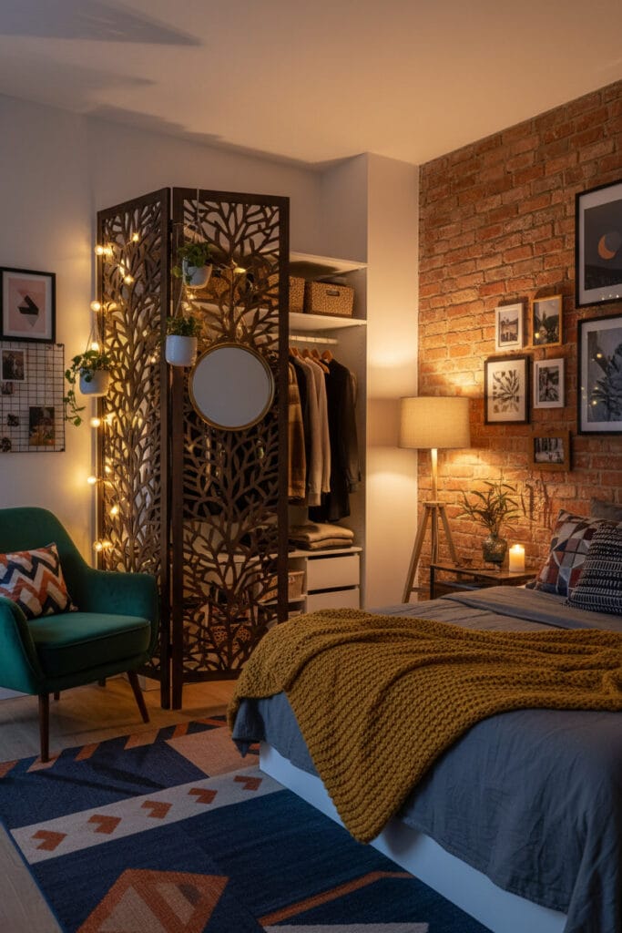 Paravent décoratif servant à organiser un espace multifonction dans un intérieur cosy.