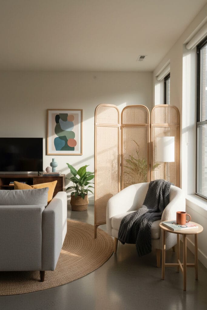 Paravent installé dans un salon cosy pour créer une atmosphère chaleureuse et apaisante.