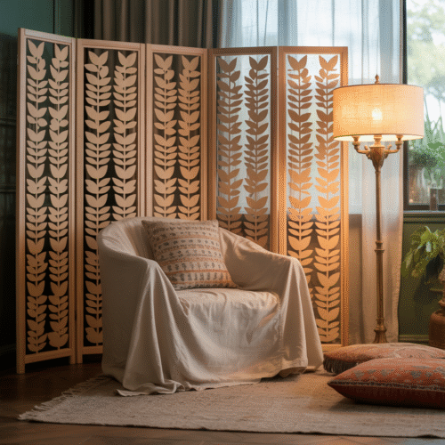 Paravent en bois naturel séparant un salon douillet avec canapé moelleux et décorations bohèmes