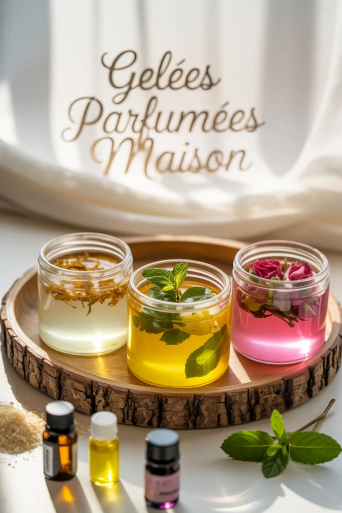 Parfum maison avec gelées odorantes colorées aux huiles essentielles dans des pots en verre