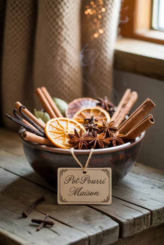 Parfum maison avec pot-pourri aux épices douces - oranges séchées, cannelle et vanille dans un bol en céramique