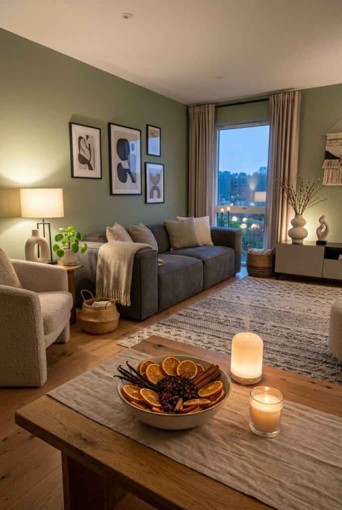Salon cosy avec pot-pourri d'oranges séchées et épices près d'une cheminée pour un parfum d'ambiance naturel