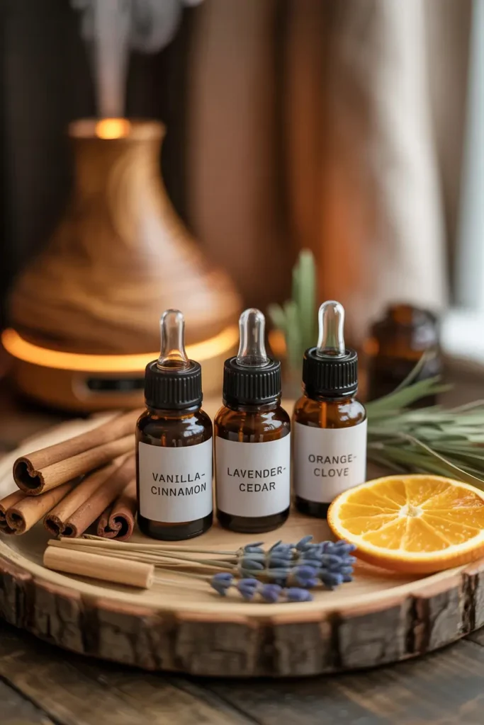 Parfum maison avec mélanges d'huiles essentielles réconfortantes dans flacons en verre