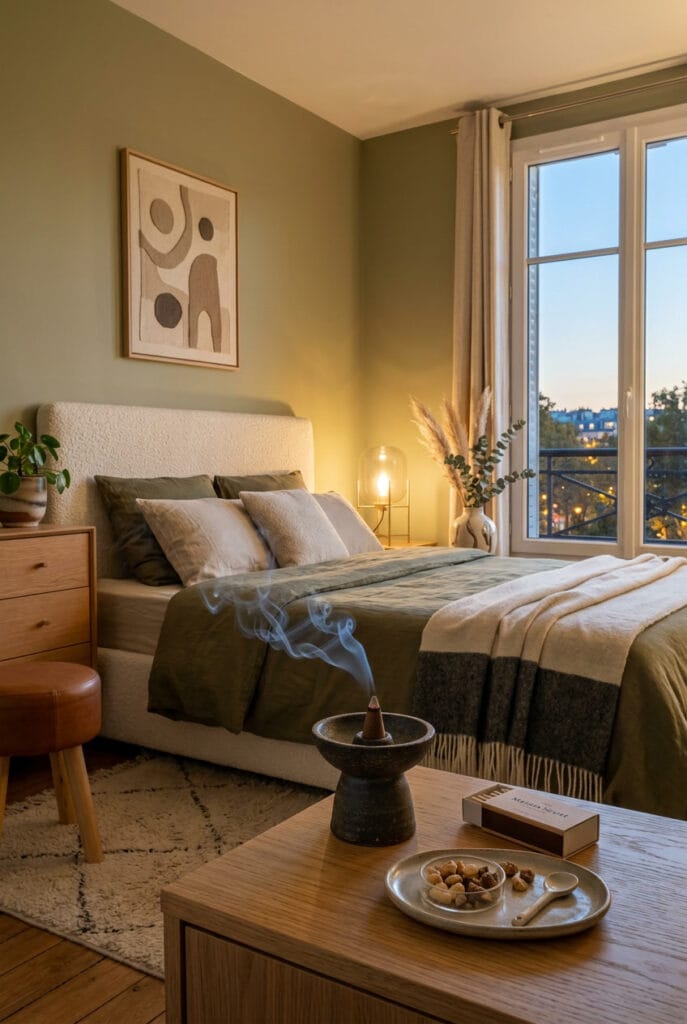 Chambre cosy avec brûleur en céramique et cône d'encens maison aux notes boisées pour un parfum d'ambiance naturel
