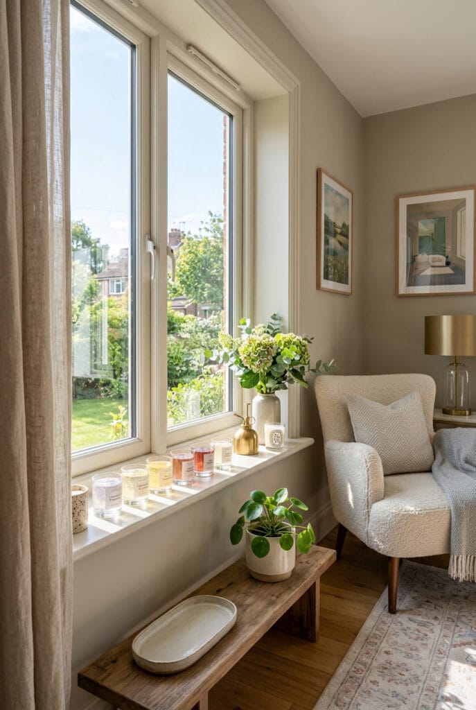 Rebord de fenêtre ensoleillé avec pots de gelées odorantes colorées pour un parfum d'ambiance naturel et décoratif