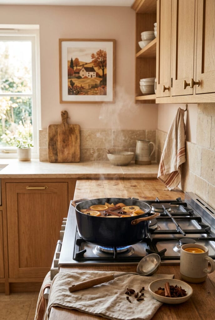 Cuisine rustique avec casserole de jus de pomme aux épices mijotant pour créer un parfum d'ambiance naturel et chaleureux