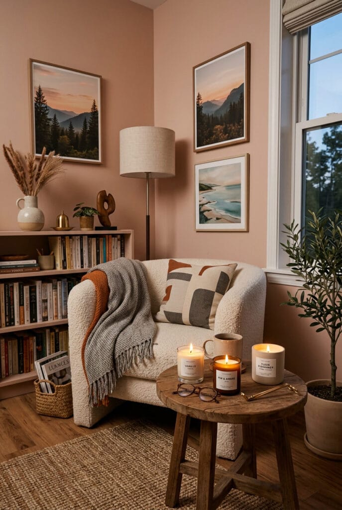 Coin lecture cosy avec bougies artisanales maison allumées sur une table en bois pour un parfum d'ambiance chaleureux