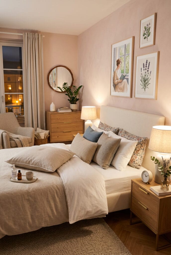Chambre épurée avec flacon de brume d'oreiller à la lavande et camomille pour un parfum d'ambiance apaisant et naturel