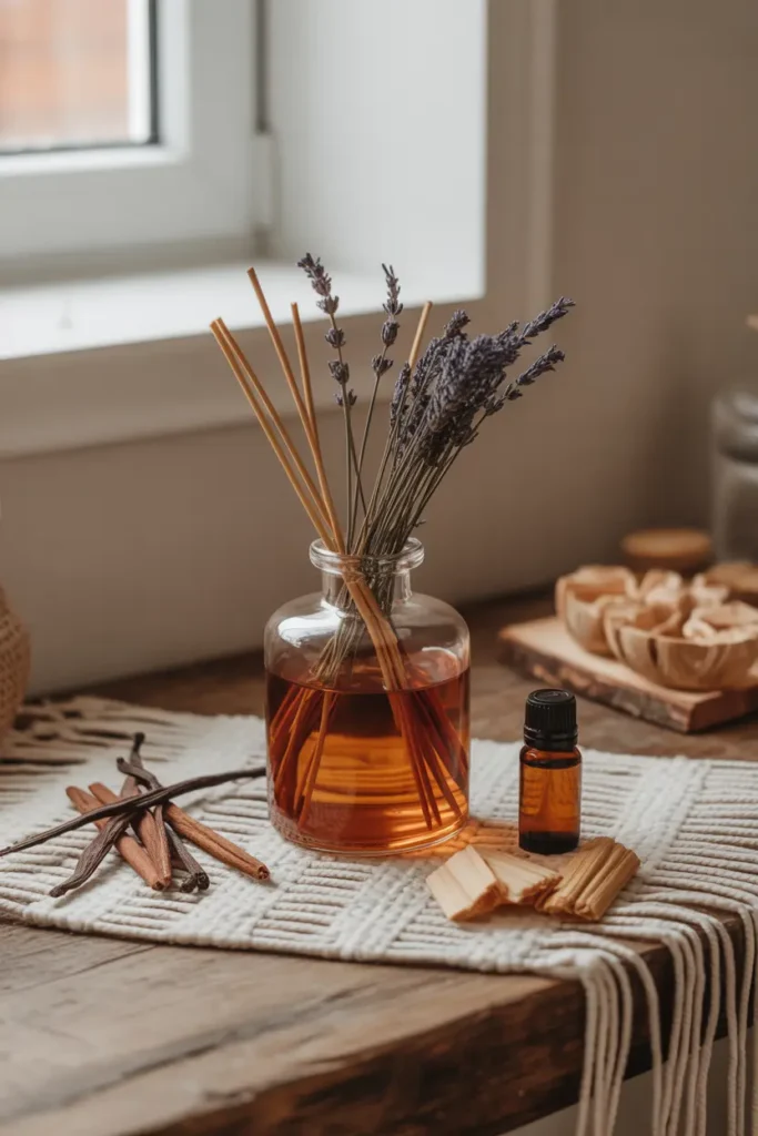 Diffuseur naturel maison avec bâtons de cannelle et huiles essentielles pour un parfum d'intérieur personnalisé