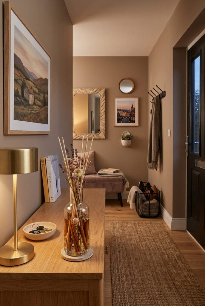 Entrée chaleureuse avec diffuseur naturel aux bâtons de cannelle et fleurs séchées pour un parfum d'ambiance accueillant