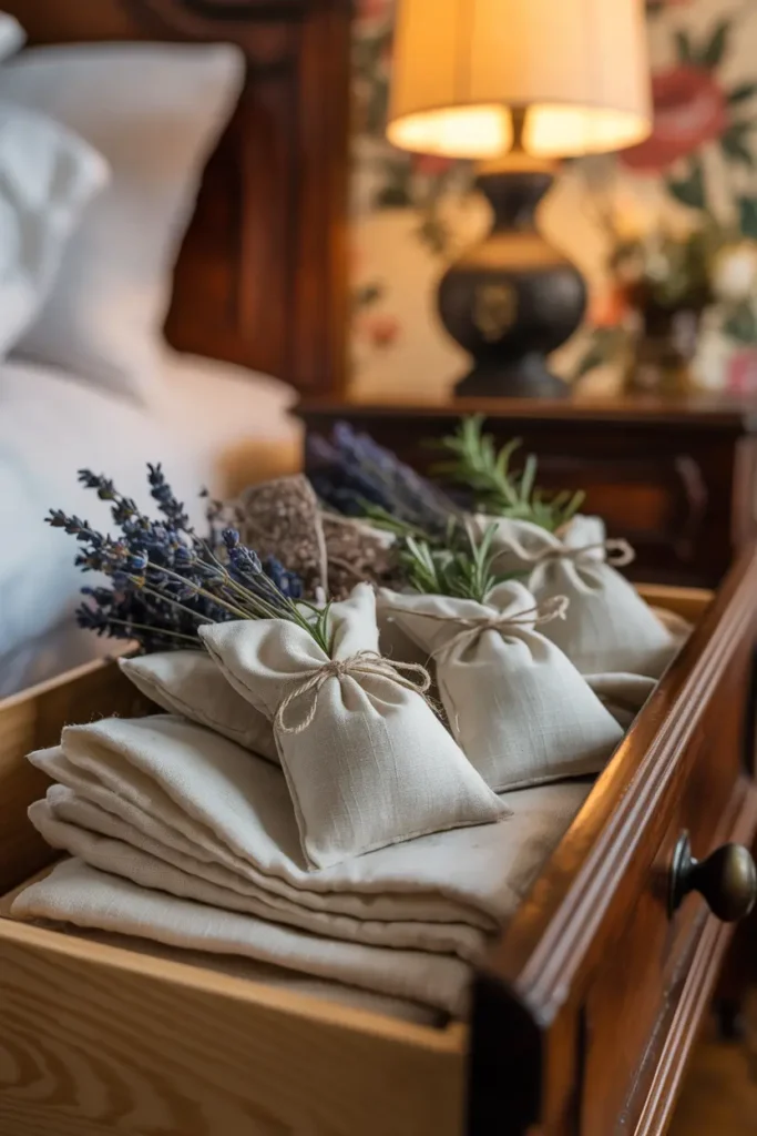 Parfum maison : sachets parfumés faits main dans un tiroir cosy avec lavande, cacao et romarin séchés