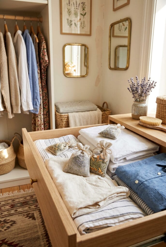 Dressing avec sachets parfumés en lin à la lavande glissés dans les tiroirs pour un parfum d'ambiance naturel et doux