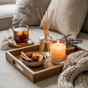 Parfum maison cosy : pot-pourri artisanal, bougie naturelle et diffuseurs en bois dans un intérieur chaleureux.