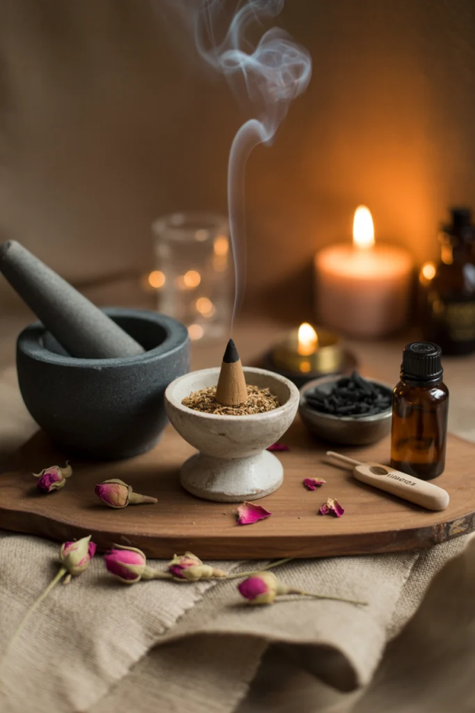 Parfum maison avec encens artisanal aux résines naturelles et huile essentielle de santal