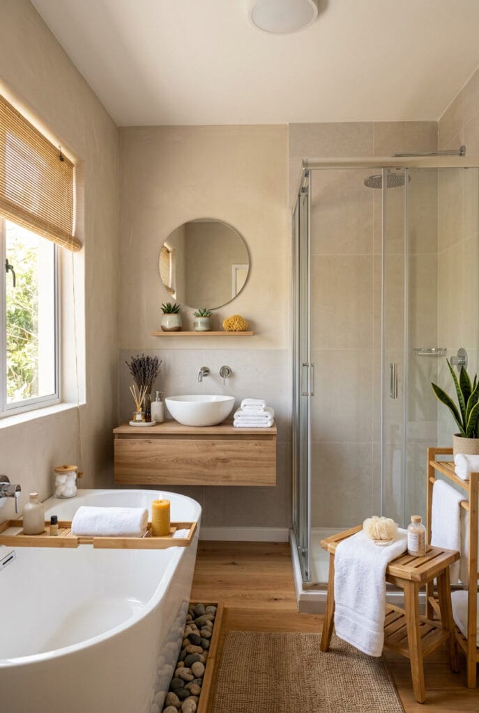 Salle de bain zen aux tons beige et gris perle pour une atmosphère apaisante