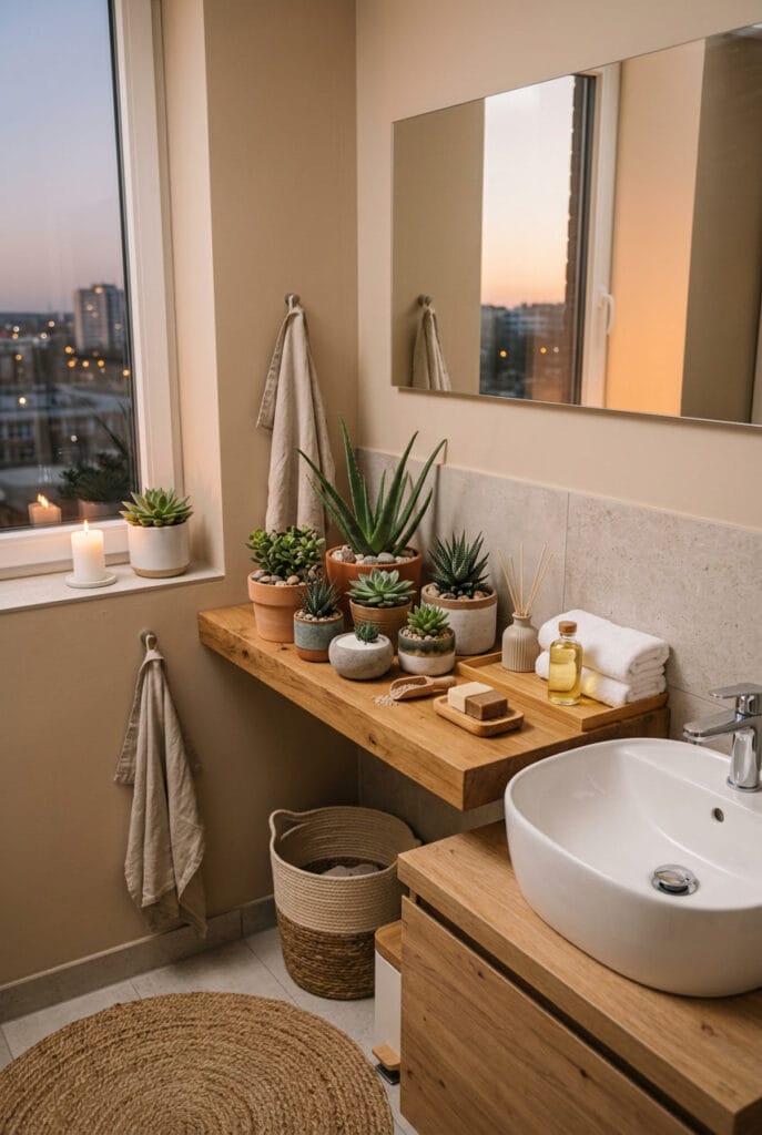 Mini jardin zen avec aloe vera et echeveria dans des pots pour une salle de bain zen