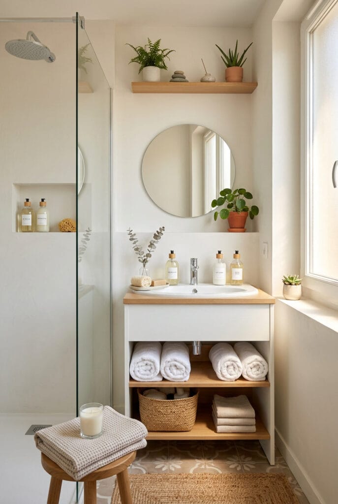 Salle de bain zen minimaliste avec produits du quotidien rangés dans des flacons en verre
